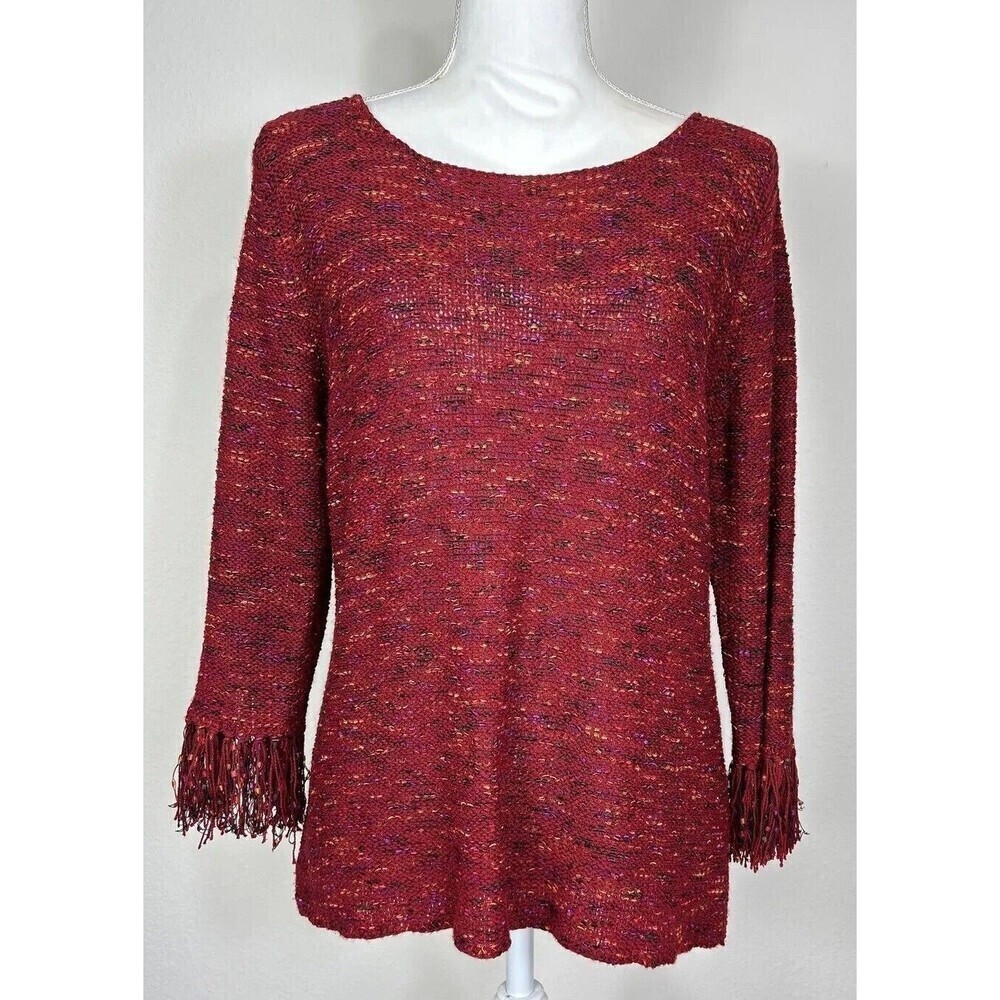 Coldwater Creek Dark Red Pullover Sweater Large (14/16) Fringe Cuffs Knit Casual - Picture 1 of 12